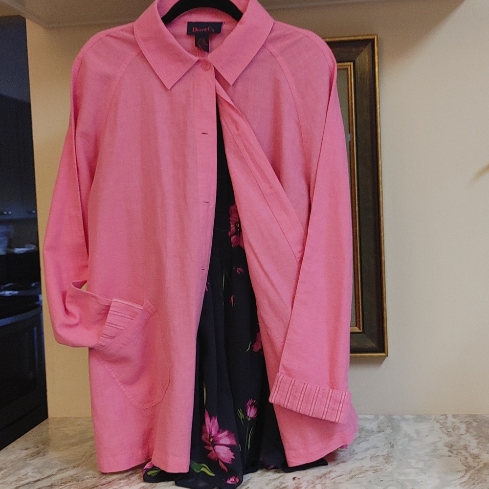 Denim & Co. Pink Oversized Linen Cotton Shirt Patch Pockets Size M - Picture 4 of 15